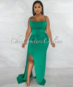 Chic Couture Online JUST IN Lucie Green Drape Bust Train Maxi Dress