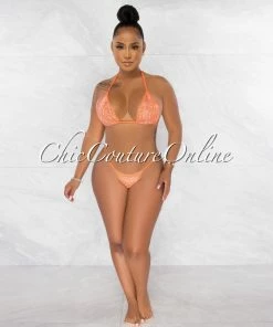 Chic Couture Online Mayes Neon Orange Rhinestones Mesh Pareo 4 Piece Set Swimsuit
