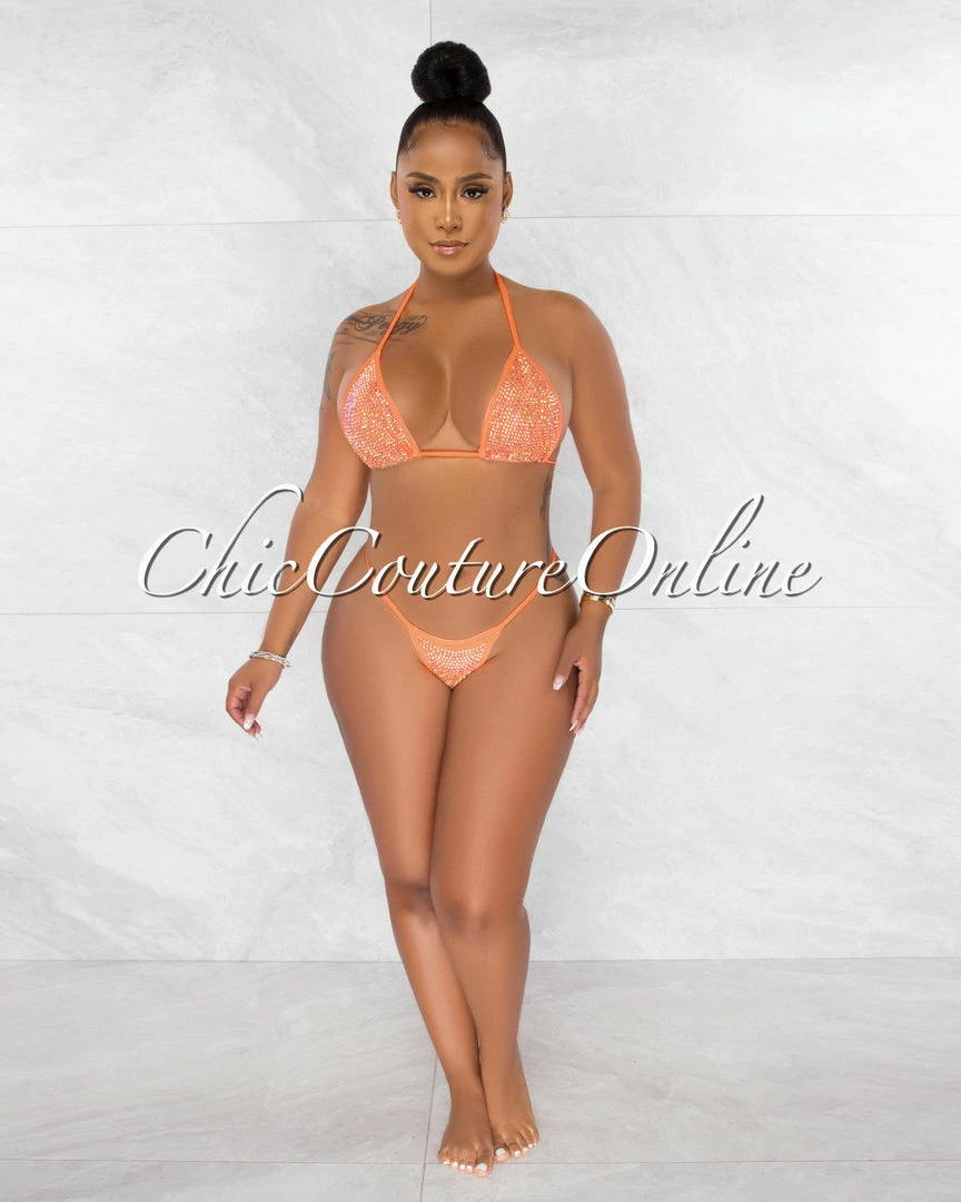 Chic Couture Online Mayes Neon Orange Rhinestones Mesh Pareo 4 Piece Set Swimsuit