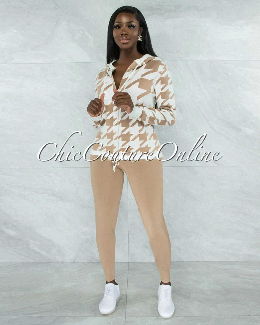Vendor-unknown CLOTHING Marcia Nude & White Houndstooth Sweater & Joggers Knit Set