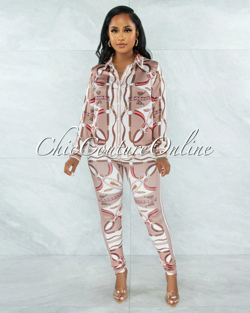 Vendor-unknown Kalwa Mocha Multi-Color Print Blouse & Leggings Set