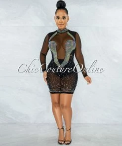 Chic Couture Online JUST IN Fabunni Black Iridescent Rhinestones Mesh Mini Dress