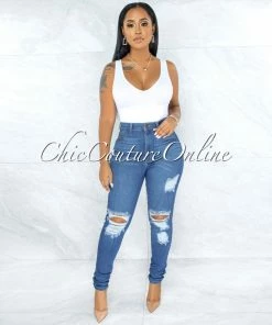 Vendor-unknown Cadell Dark Denim High-Waist Distressed Skinny Jeans JUST IN