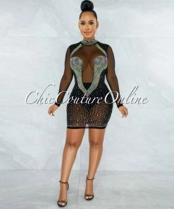 Chic Couture Online JUST IN Fabunni Black Iridescent Rhinestones Mesh Mini Dress