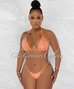 Chic Couture Online Mayes Neon Orange Rhinestones Mesh Pareo 4 Piece Set Swimsuit