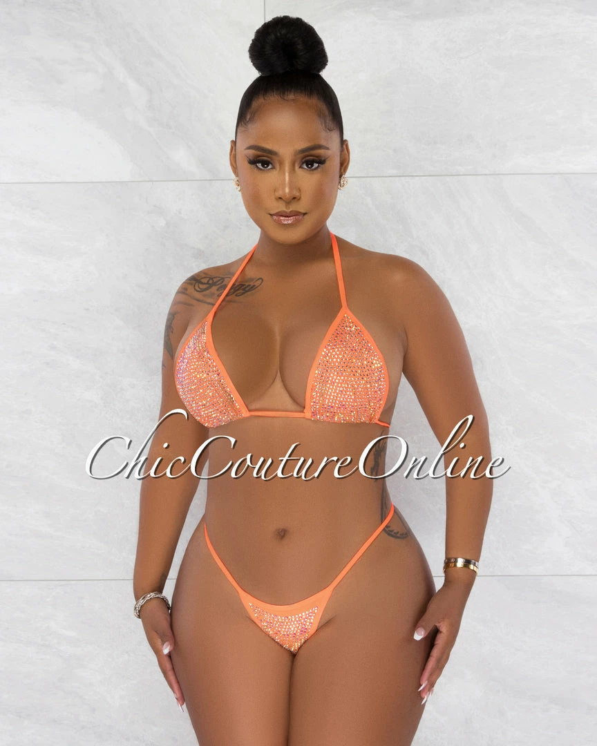 Chic Couture Online Mayes Neon Orange Rhinestones Mesh Pareo 4 Piece Set Swimsuit