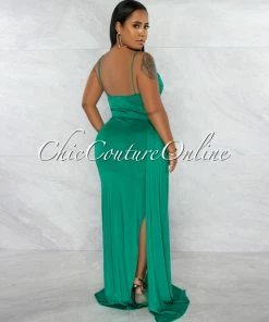 Chic Couture Online JUST IN Lucie Green Drape Bust Train Maxi Dress
