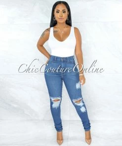 Vendor-unknown Cadell Dark Denim High-Waist Distressed Skinny Jeans JUST IN