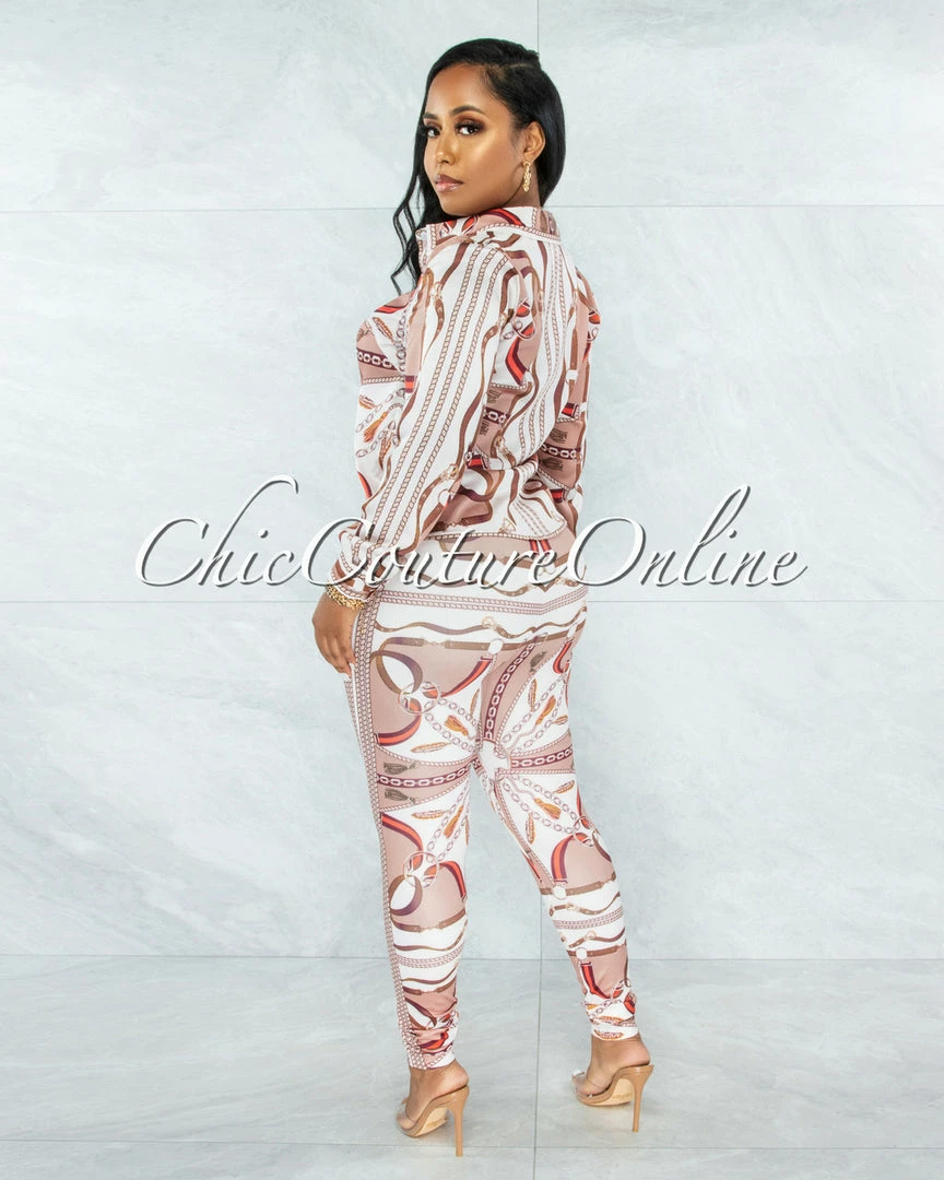 Vendor-unknown Kalwa Mocha Multi-Color Print Blouse & Leggings Set