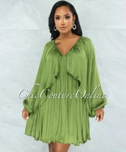 Vendor-unknown JUST IN Mohave Olive Green Overlay Wide Sleeves Silky Dress
