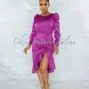 Vendor-unknown Jaron Purple Ruched Ruffle Hem Satin Midi Dress