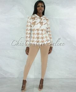 Vendor-unknown CLOTHING Marcia Nude & White Houndstooth Sweater & Joggers Knit Set