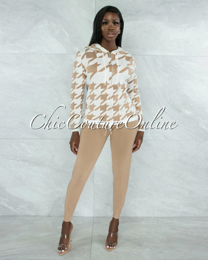 Vendor-unknown CLOTHING Marcia Nude & White Houndstooth Sweater & Joggers Knit Set