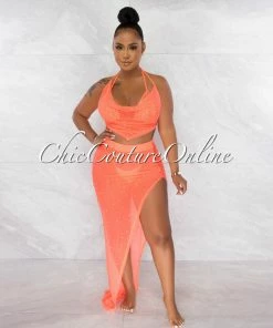 Chic Couture Online Mayes Neon Orange Rhinestones Mesh Pareo 4 Piece Set Swimsuit