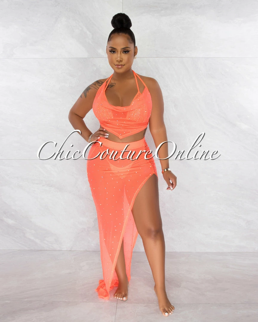 Chic Couture Online Mayes Neon Orange Rhinestones Mesh Pareo 4 Piece Set Swimsuit