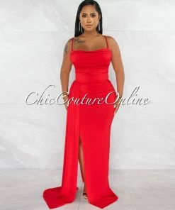 Chic Couture Online Lucie Red Drape Bust Train Maxi Dress