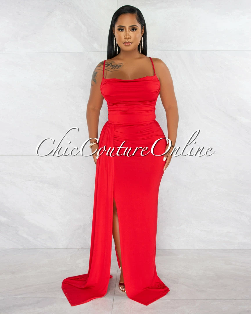 Chic Couture Online Lucie Red Drape Bust Train Maxi Dress