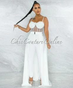 Vendor-unknown Misty Off-White Crochet Embroidery Top Silver Belt Jumpsuit