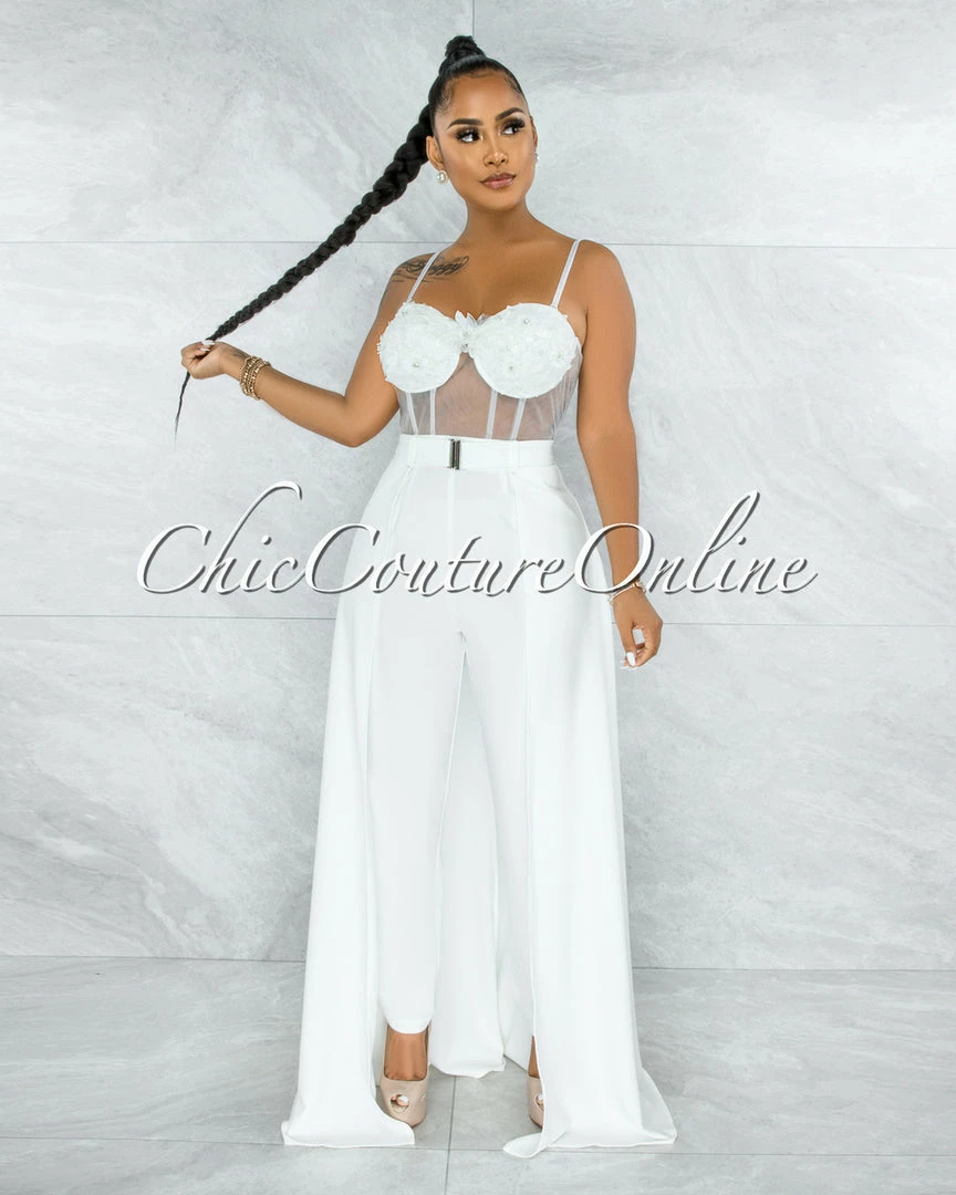 Vendor-unknown Misty Off-White Crochet Embroidery Top Silver Belt Jumpsuit