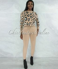 Vendor-unknown Mahalia Nude Black Leopard Sweater & Joggers Knit Set CLOTHING