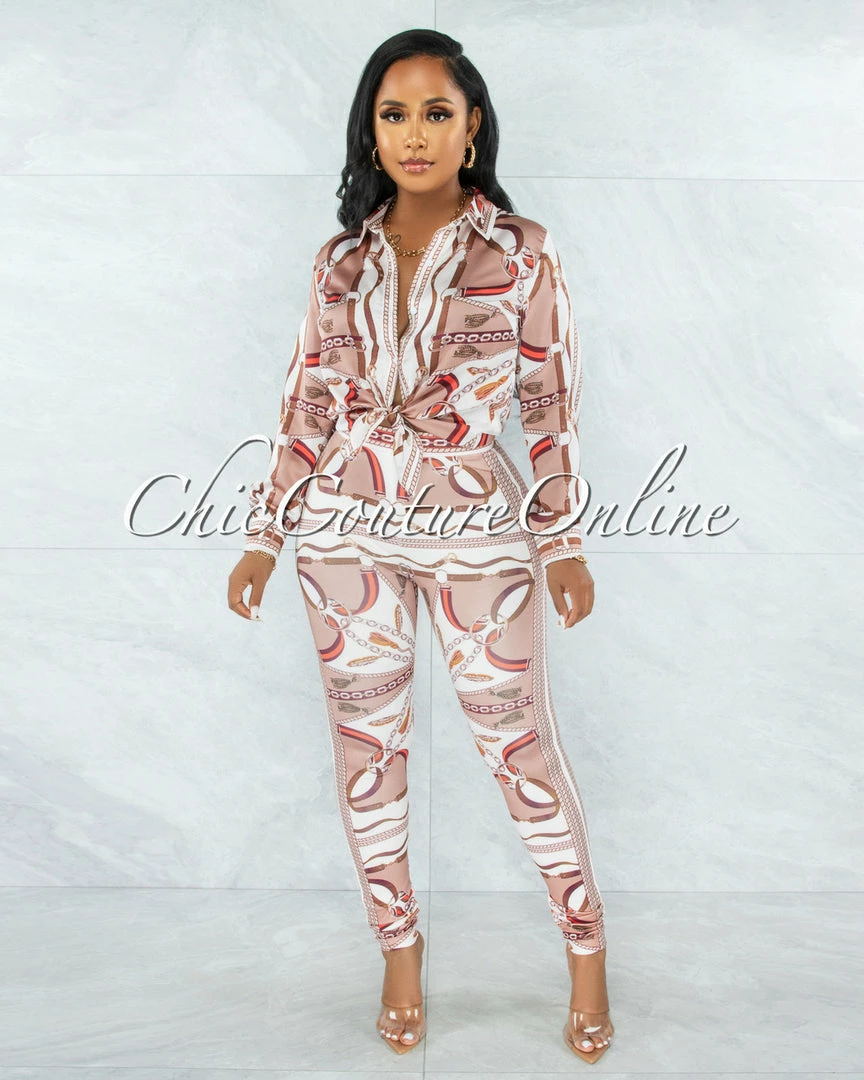 Vendor-unknown Kalwa Mocha Multi-Color Print Blouse & Leggings Set