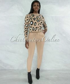 Vendor-unknown Mahalia Nude Black Leopard Sweater & Joggers Knit Set CLOTHING