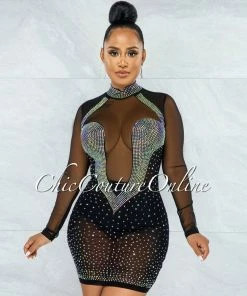 Chic Couture Online JUST IN Fabunni Black Iridescent Rhinestones Mesh Mini Dress