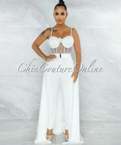 Vendor-unknown Misty Off-White Crochet Embroidery Top Silver Belt Jumpsuit