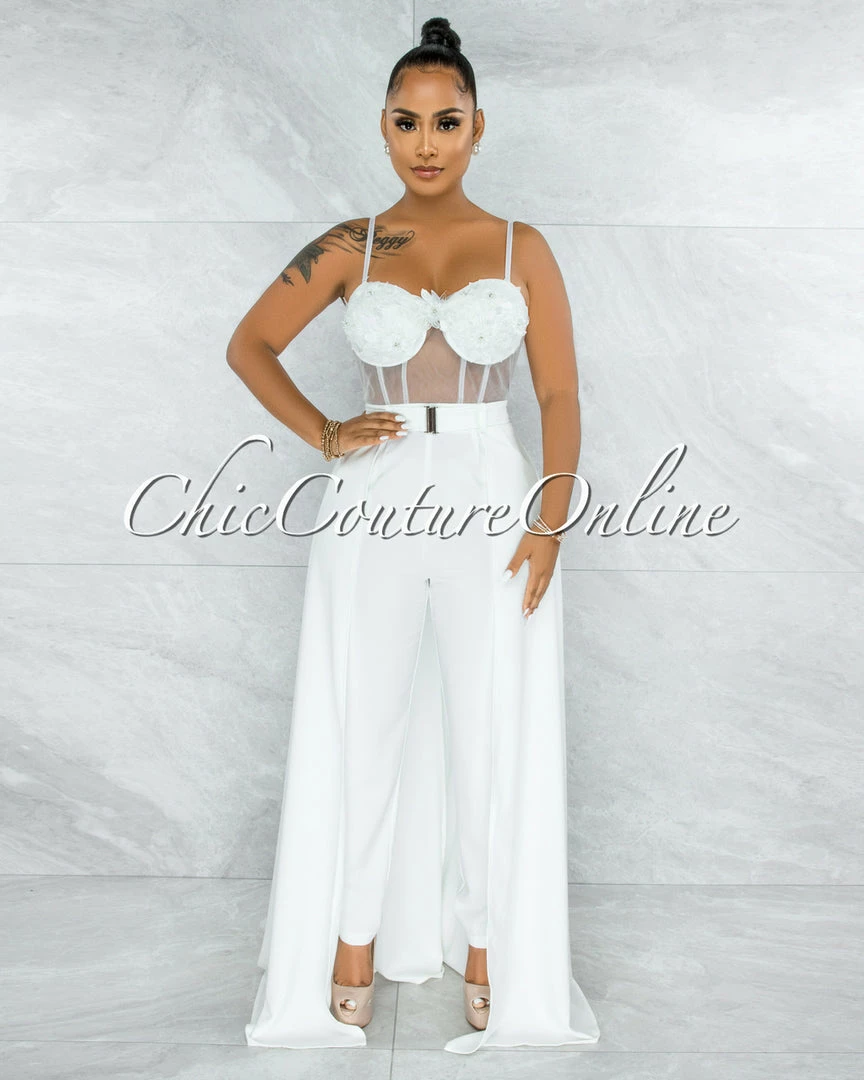 Vendor-unknown Misty Off-White Crochet Embroidery Top Silver Belt Jumpsuit