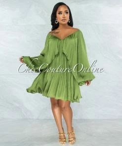 Vendor-unknown JUST IN Mohave Olive Green Overlay Wide Sleeves Silky Dress