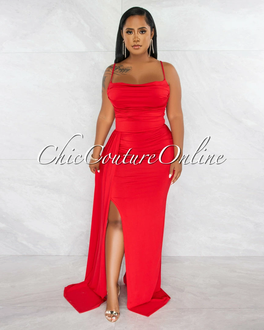 Chic Couture Online Lucie Red Drape Bust Train Maxi Dress