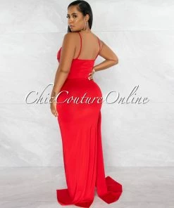 Chic Couture Online Lucie Red Drape Bust Train Maxi Dress