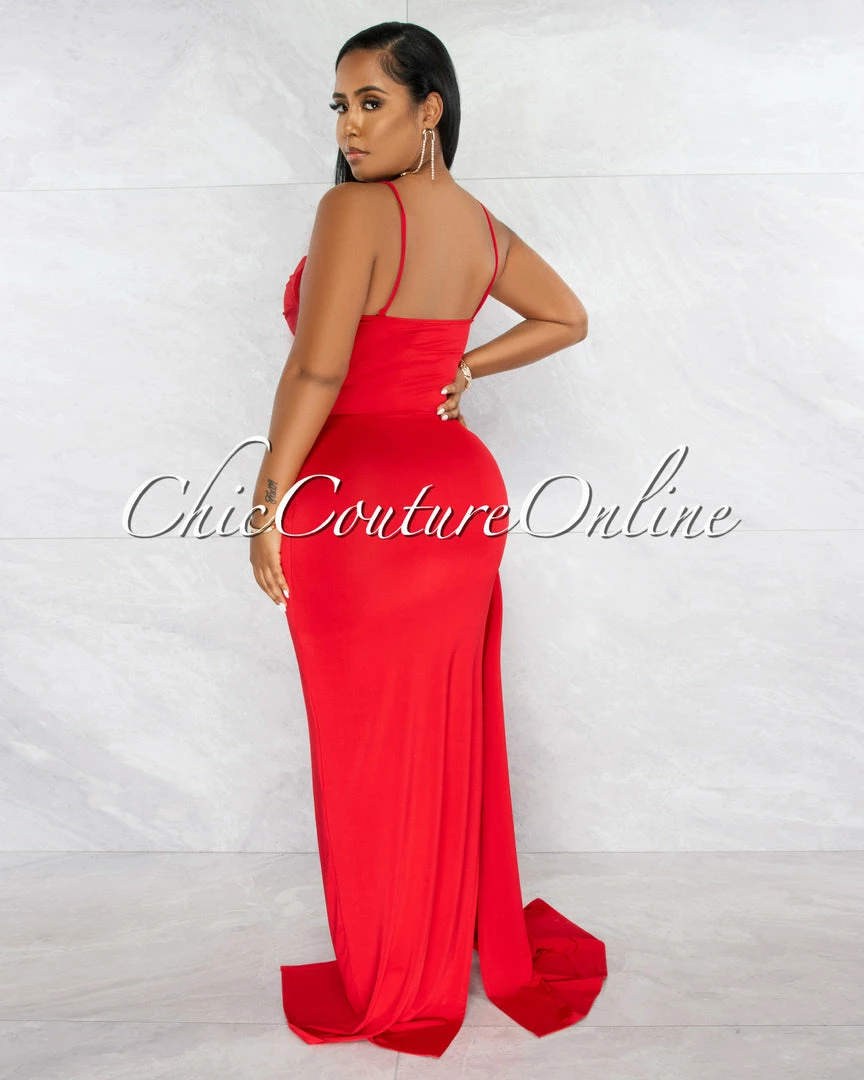 Chic Couture Online Lucie Red Drape Bust Train Maxi Dress