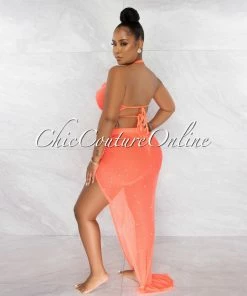 Chic Couture Online Mayes Neon Orange Rhinestones Mesh Pareo 4 Piece Set Swimsuit