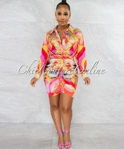 Vendor-unknown Obas Orange Print Satin Draped Shirt Dress