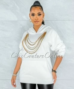 Vendor-unknown Gimle Off-White Gold Layered Link Detail Hooded Sweater JUST IN