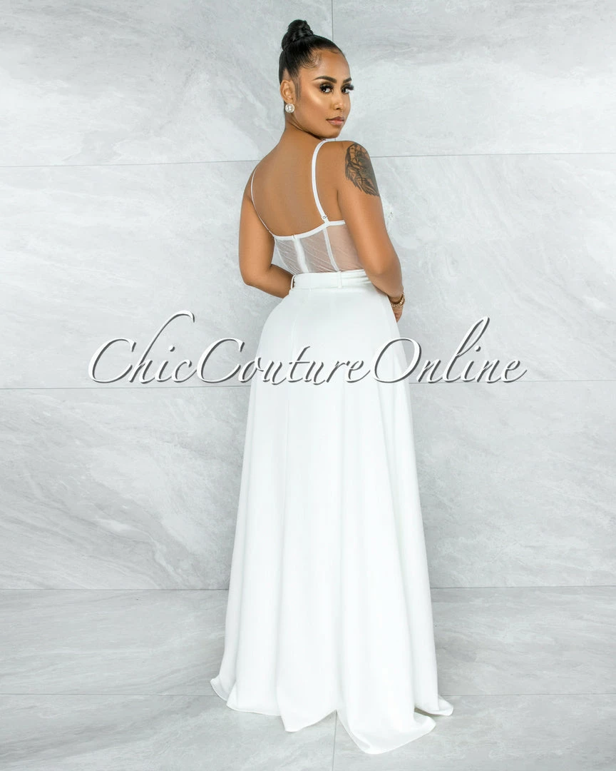 Vendor-unknown Misty Off-White Crochet Embroidery Top Silver Belt Jumpsuit