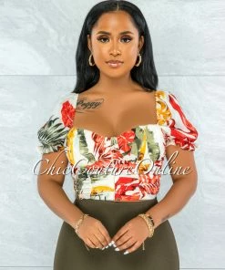 Vendor-unknown JUST IN Mericia Ivory Red Padded Cups Drape Waist Crop Top