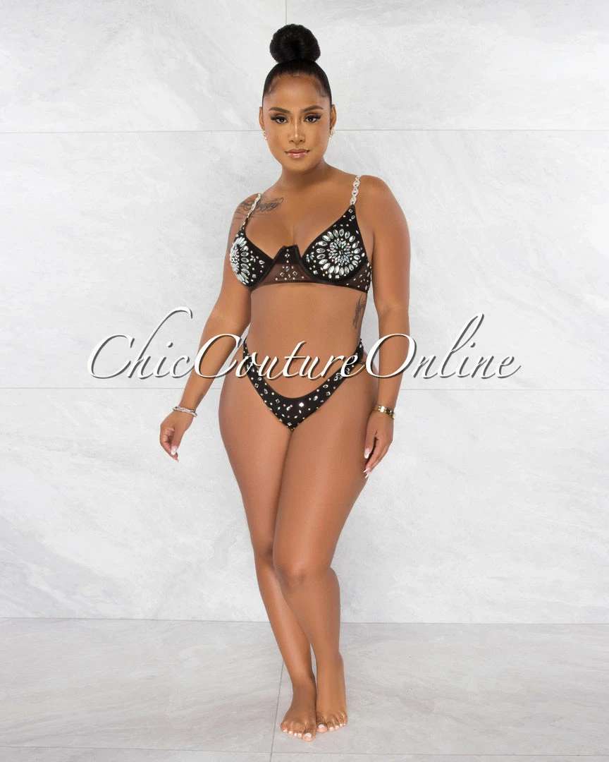 Chic Couture Online JUST IN Symone Black Silver Rhinestones Three Piece Set Swimsuit