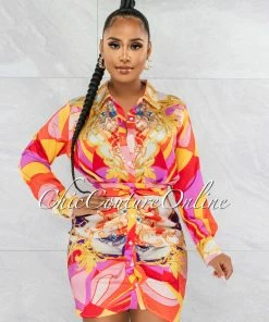 Vendor-unknown Obas Orange Print Satin Draped Shirt Dress