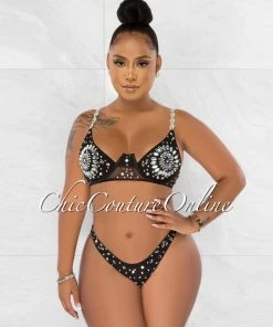 Chic Couture Online JUST IN Symone Black Silver Rhinestones Three Piece Set Swimsuit