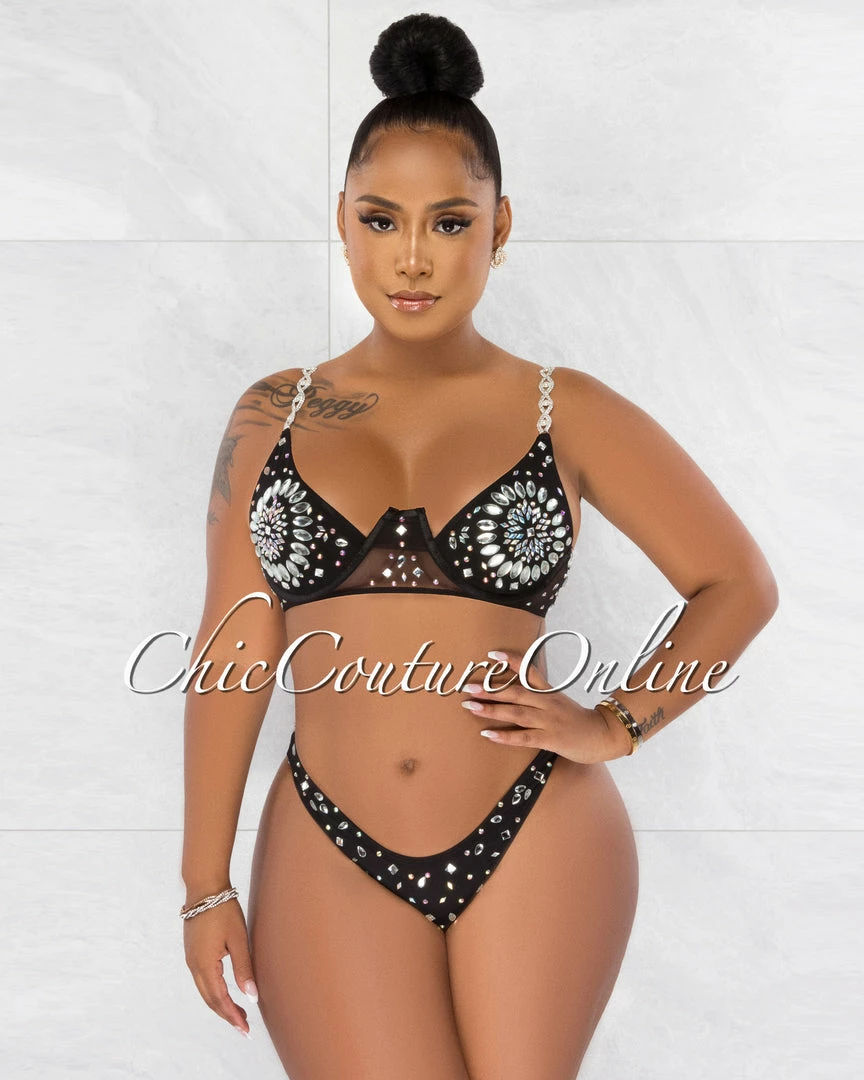 Chic Couture Online JUST IN Symone Black Silver Rhinestones Three Piece Set Swimsuit