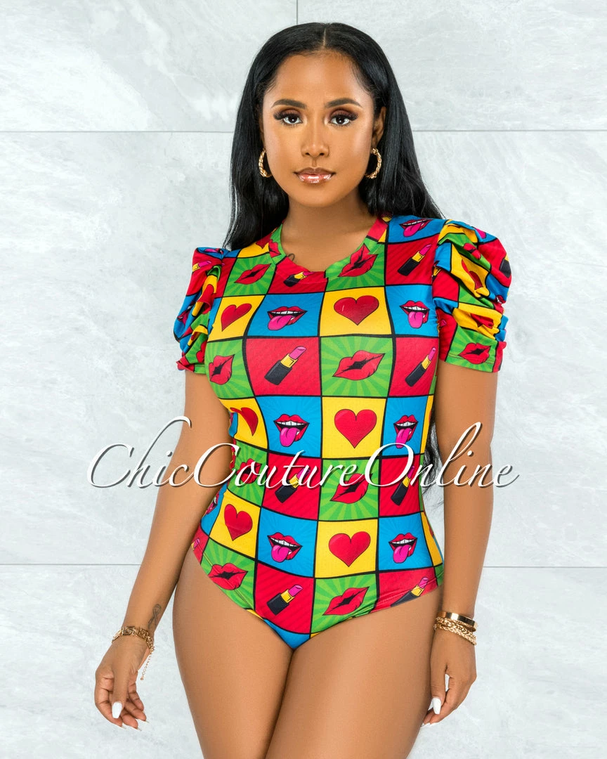 Vendor-unknown Merrick Black Multi-Color Lips Print Bodysuit JUST IN