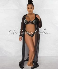 Chic Couture Online JUST IN Symone Black Silver Rhinestones Three Piece Set Swimsuit