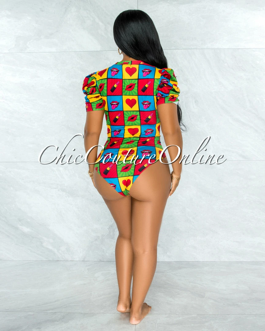 Vendor-unknown Merrick Black Multi-Color Lips Print Bodysuit JUST IN
