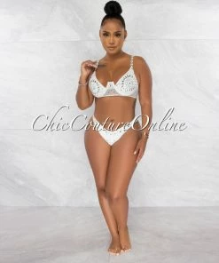 Chic Couture Online Symone Off-White Silver Rhinestones Three Piece Set Swimsuit