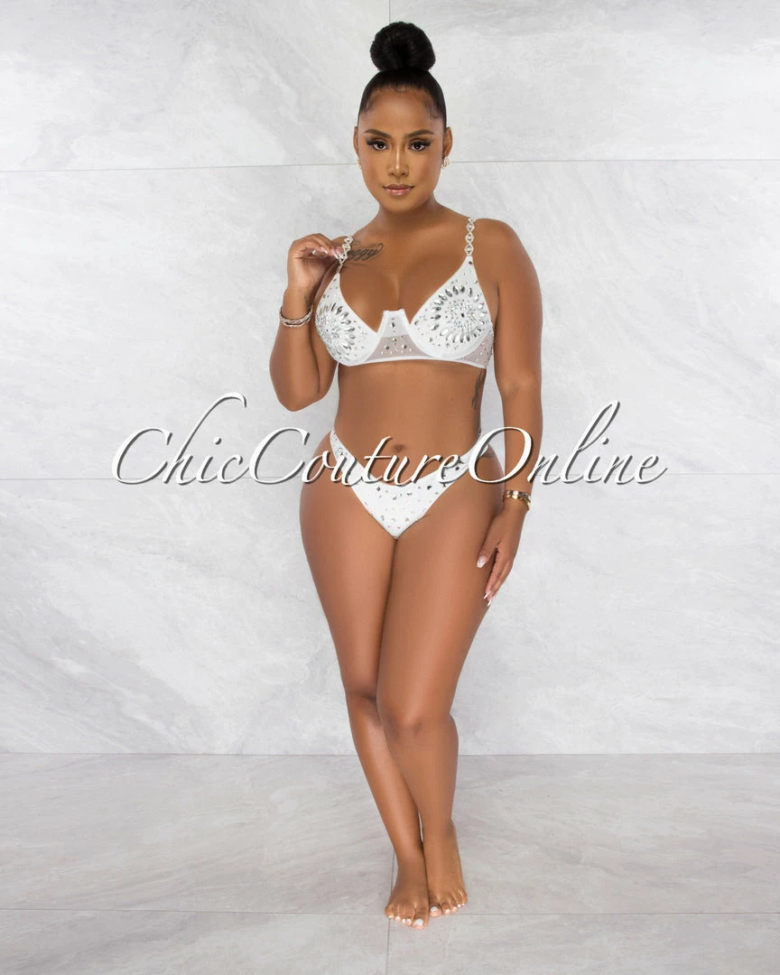 Chic Couture Online Symone Off-White Silver Rhinestones Three Piece Set Swimsuit