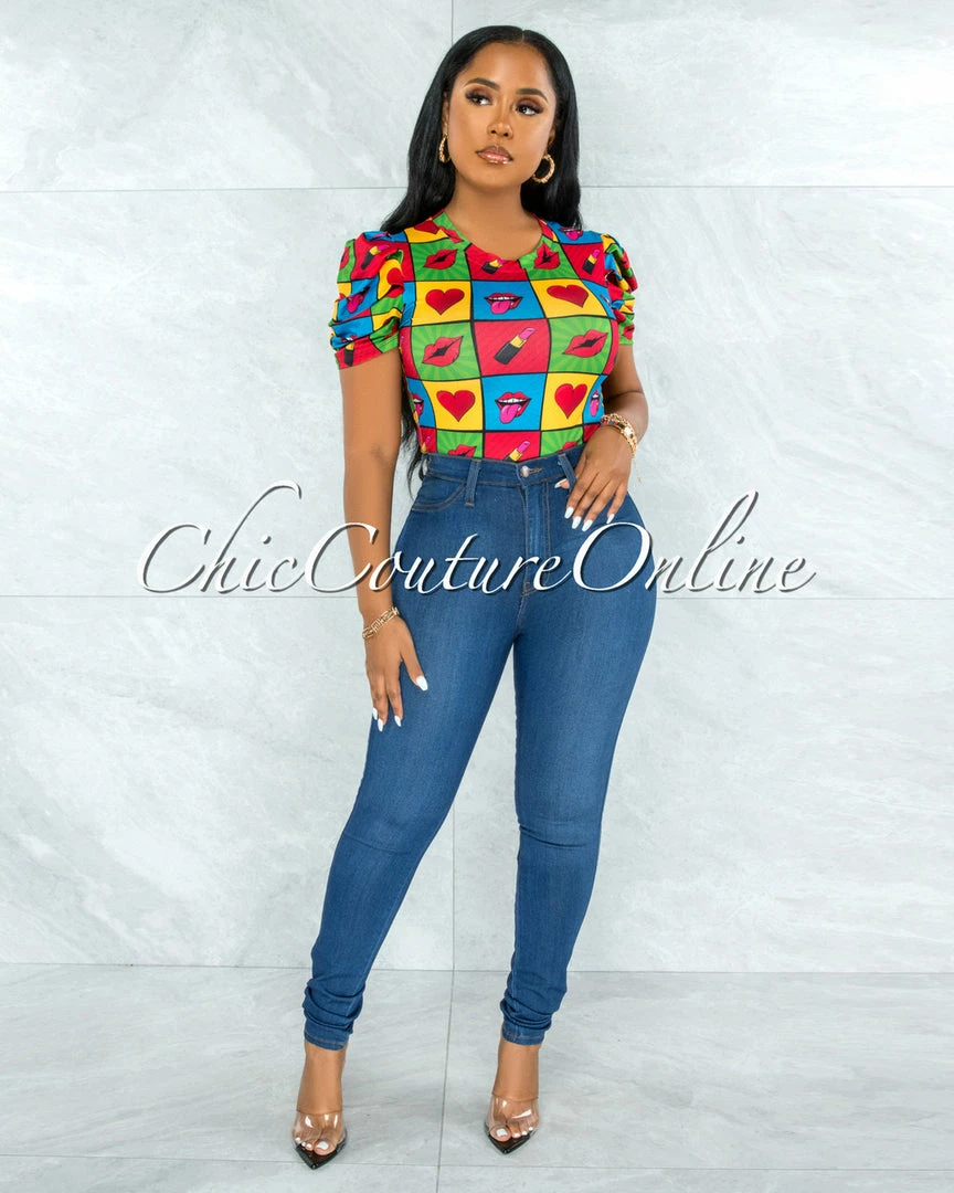 Vendor-unknown Merrick Black Multi-Color Lips Print Bodysuit JUST IN