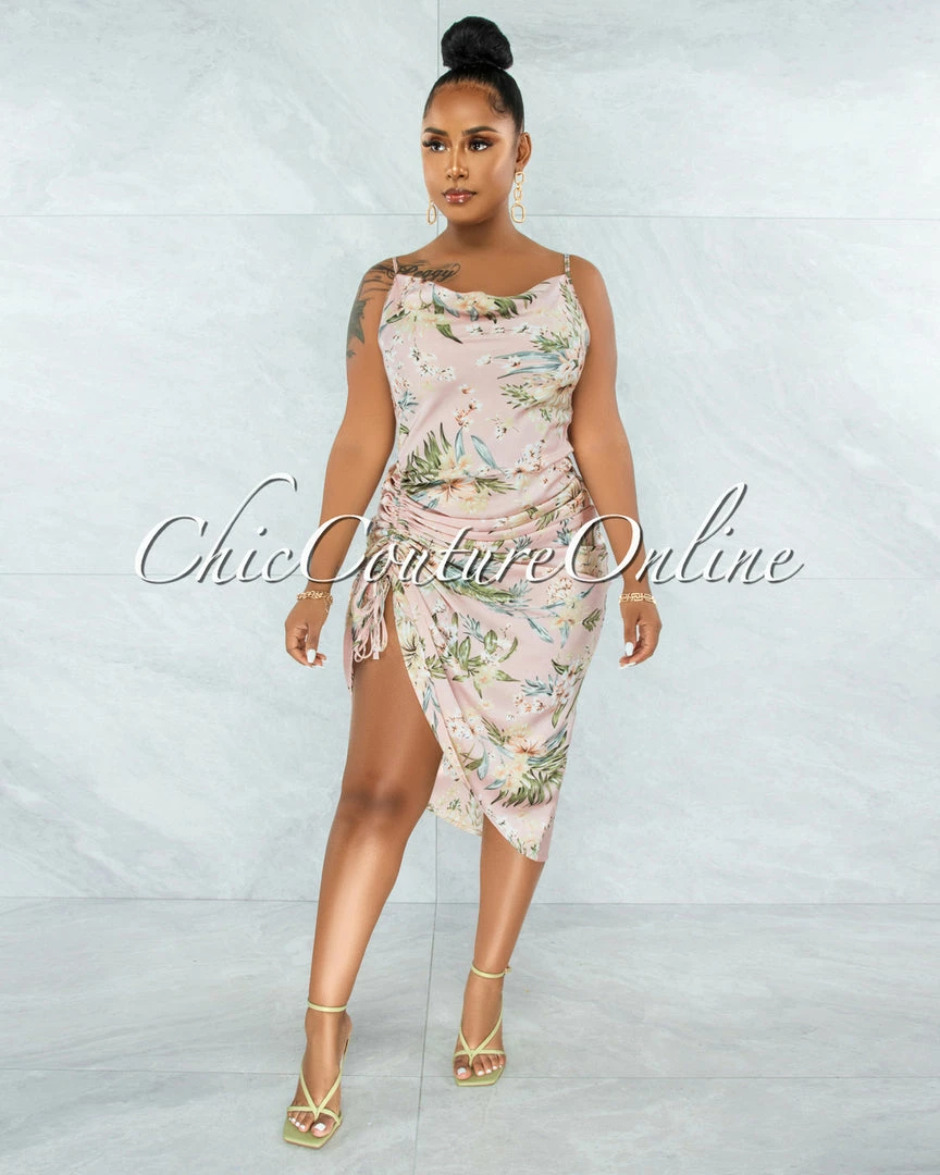 Chic Couture Online Farica Baby Pink Floral Print Ruched Side Multi-Way Dress