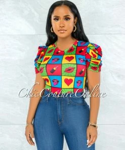 Vendor-unknown Merrick Black Multi-Color Lips Print Bodysuit JUST IN